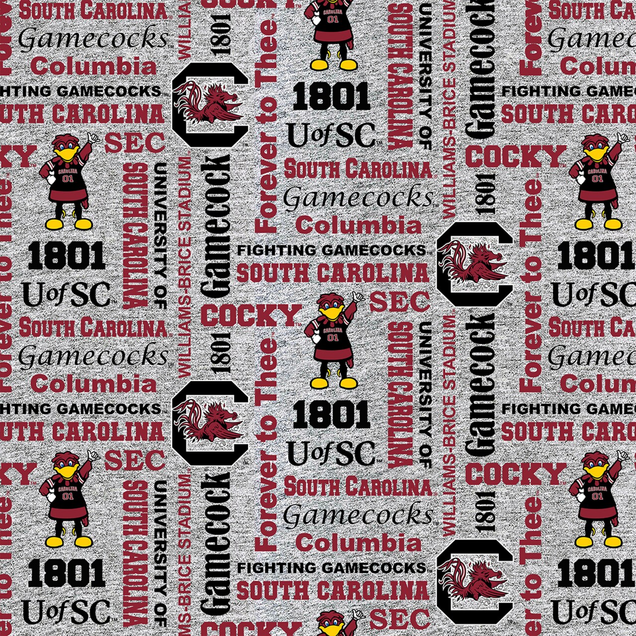 Sykel Enterprises-University of South Carolina Fleece Fabric-South Carolina Gamecocks Heather Verbiage Fleece Blanket Fabric-Sold by the yard